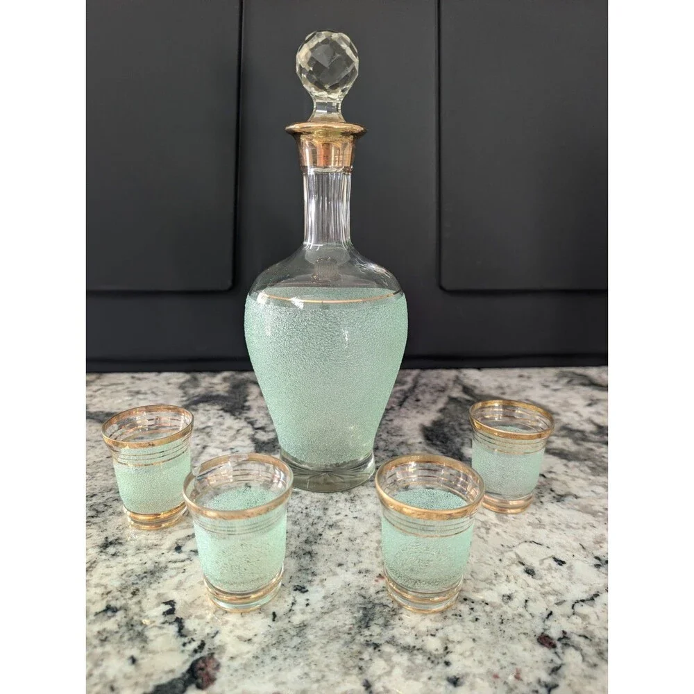 Vintage USSR Red Giant Green Sand Decanter 4 Shot Glasses Soviet Glass Set